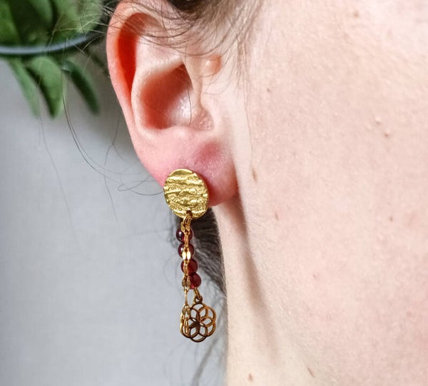 Boucles d'oreilles acier inoxydable femme doré, pendantes avec pierres naturelles de Grenat rouge et pendentif rosace géométrique