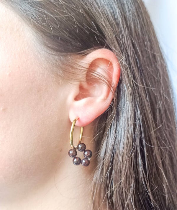 Boucles d'Oreilles Créoles "Fleur de Grenat" – Acier Inoxydable Or