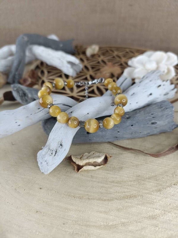Bracelet Acier Inoxydable Œil de Tigre Doré - Perles 6 & 8 mm - Ajustable 16+5 cm
