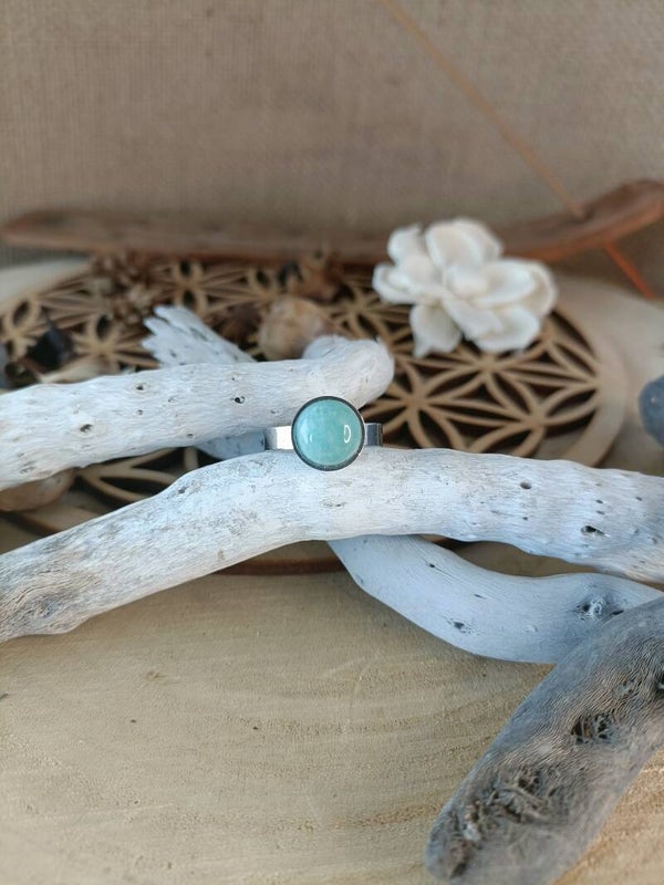 Bague Acier Inoxydable Réglable avec Amazonite Ronde - Élégance Naturelle