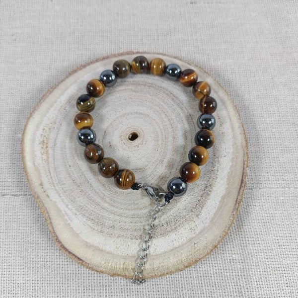 Bracelet Homme/Femme Acier Inoxydable, Perles Œil de Tigre et Hématite, 17+5cm
