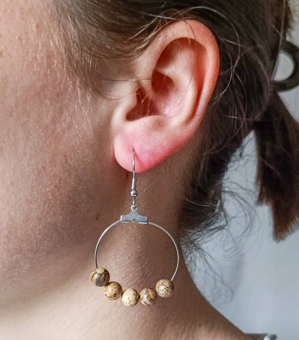 Boucles d'Oreilles Créoles en Acier Inoxydable et Perles de Jaspe Paysage Naturel