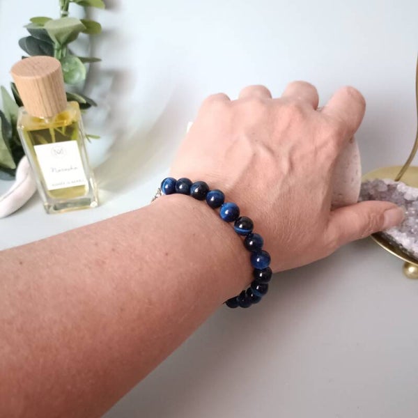 Bracelet Acier Inoxydable et Oeil de Tigre Bleu - Élégance et Protection