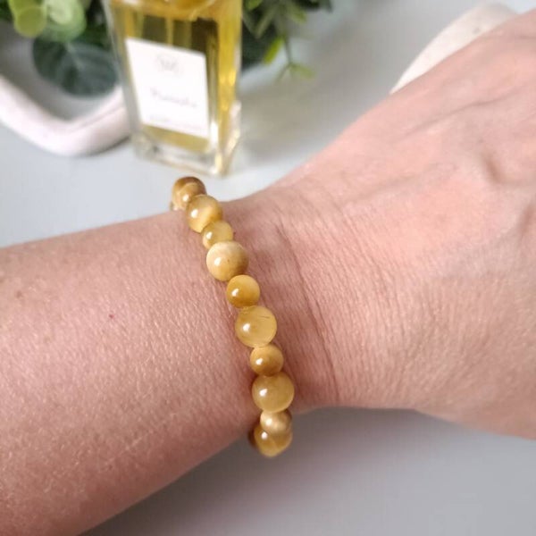 Bracelet Acier Inoxydable Œil de Tigre Doré - Perles 6 & 8 mm - Ajustable 16+5 cm