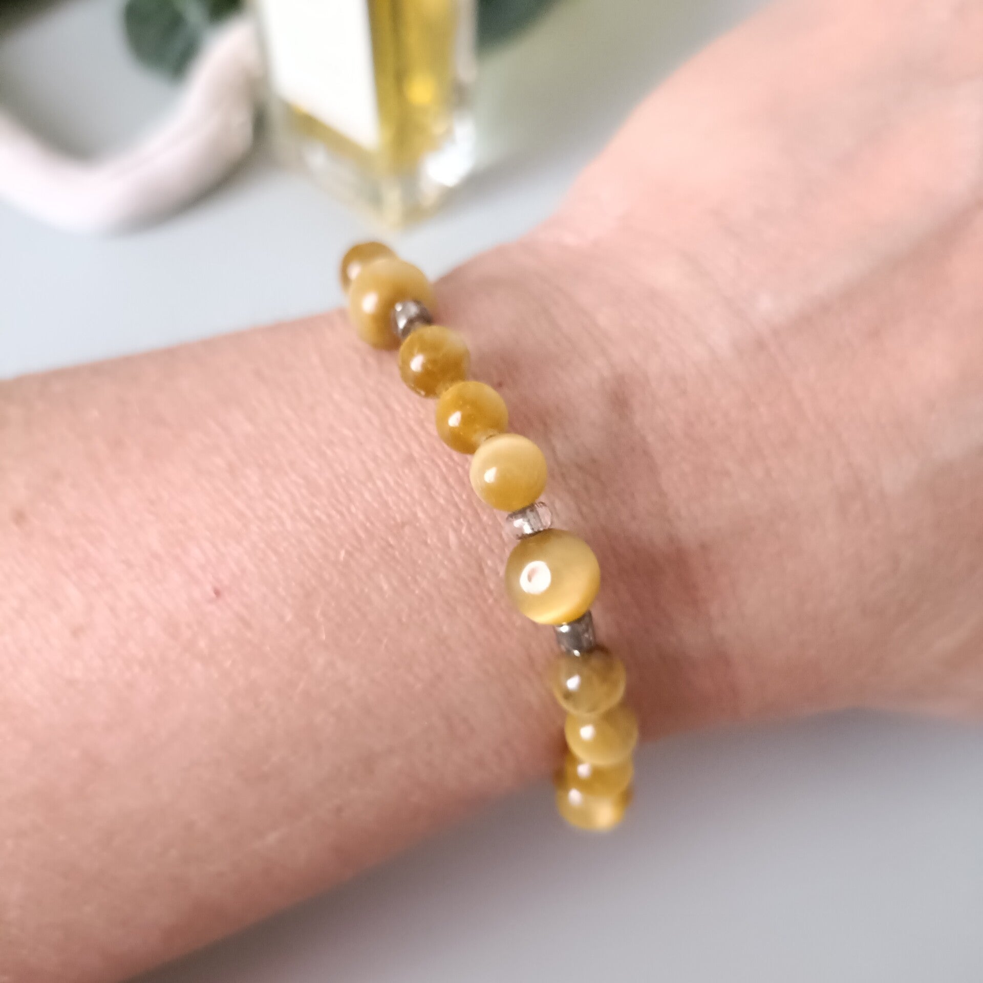 Bracelet Acier Inoxydable Œil de Tigre Doré - Perles 6 & 8 mm - Ajustable 16+5 cm