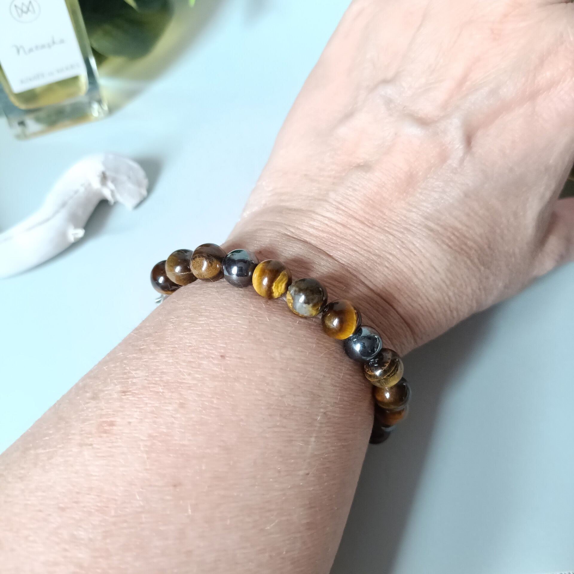 Bracelet Homme/Femme Acier Inoxydable, Perles Œil de Tigre et Hématite, 17+5cm