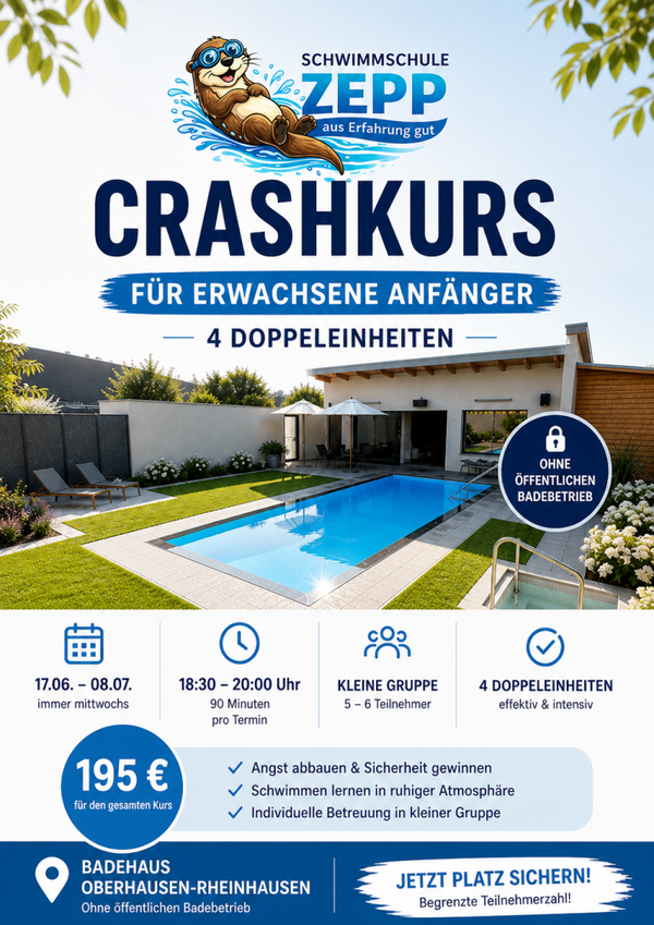 "Crashkurs"- Erwachsenen Schwimmkurs Anfänger Badehaus Oberhausen-Rheinhausen
