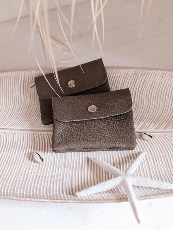 Portemonnaie Taupe – 100% Echtleder, Kompakt mit Druckknopf und Reißverschluss