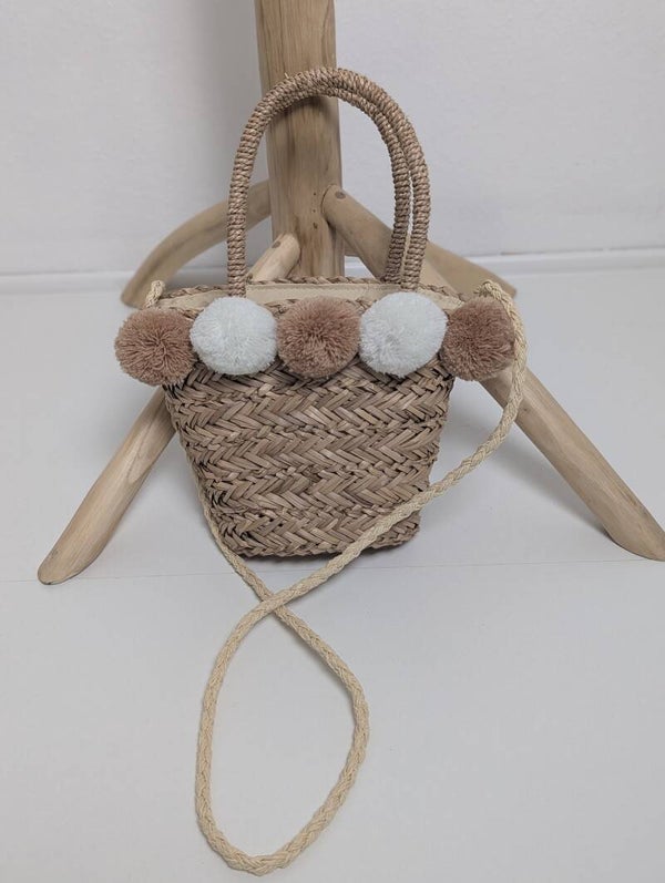 Boho Strohtasche mit Pompons & Zugband – perfekt für Frühling & Sommer