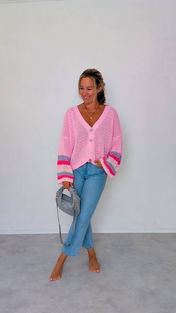 Bunte Strickjacke in Rosa – Onesize, 100% Baumwolle