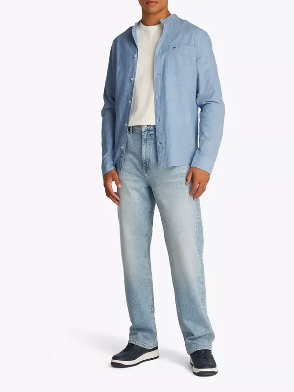 Tommy Hilfiger Jeans Men’s Light Blue Linen-Cotton Mandarin Collar Shirt