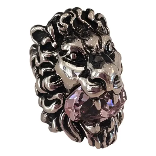 Gucci Lion Head Motif Silver Ring Light Pink Crystal Size 10