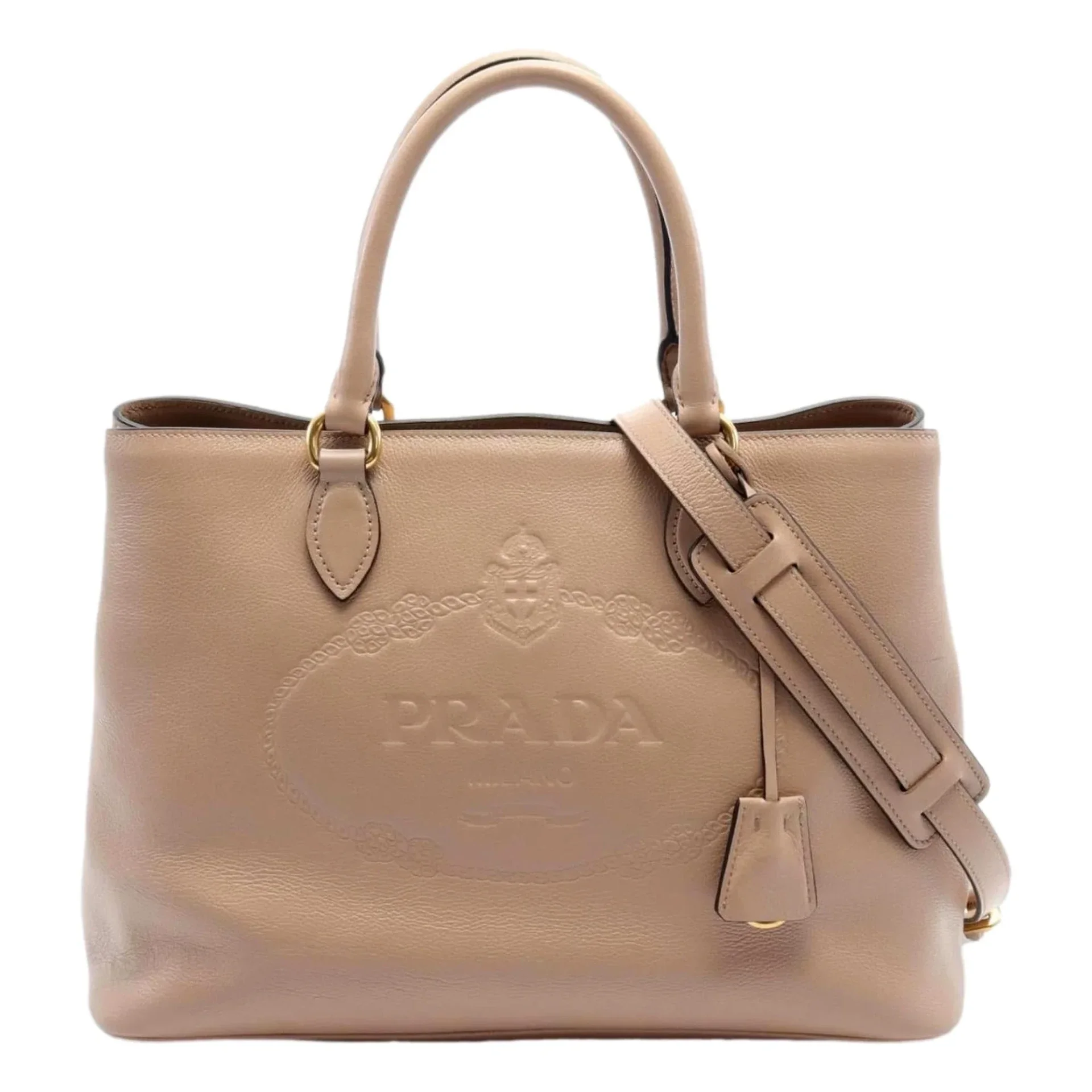 Prada Embossed Logo Soft Leather Handbag Shopper Tote Cammeo Beige