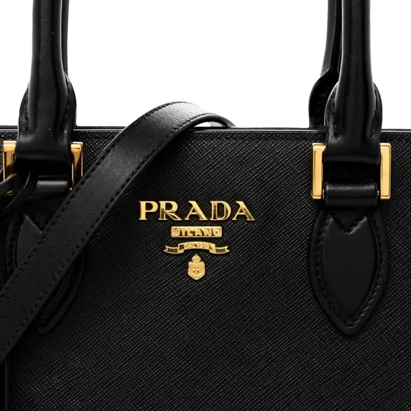 Prada Saffiano and Soft Calfskin Double Zipper Black Tote Shoulder Bag