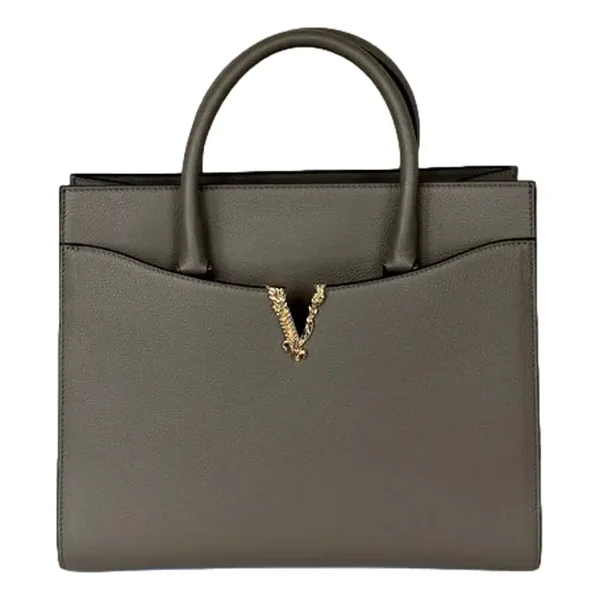 Versace Virtus Calfskin Leather Medium Top Handle Tote Taupe Grey
