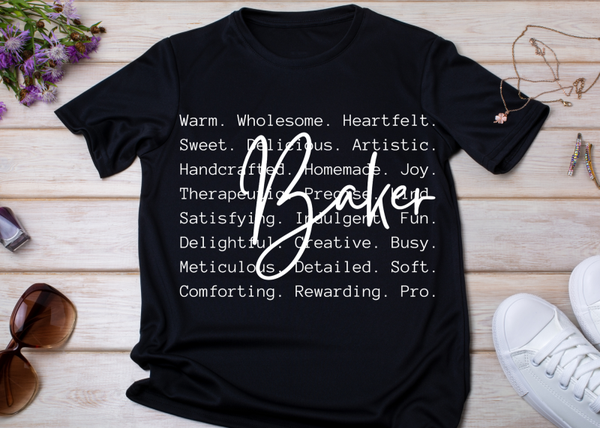 Baker-White lettering- Black tee