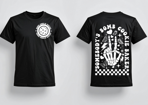 Bomb Baker-white lettering- Black tee