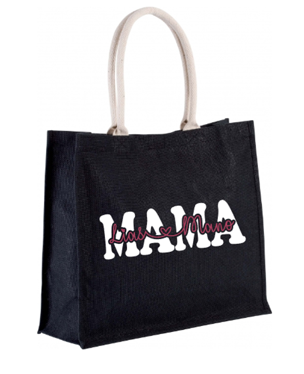 Jute shopping bag: hoofdwoord en tekst erdoor.