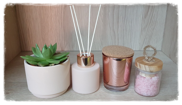 4 delige set (Bloempot, geur, kaars, badzout): Blush