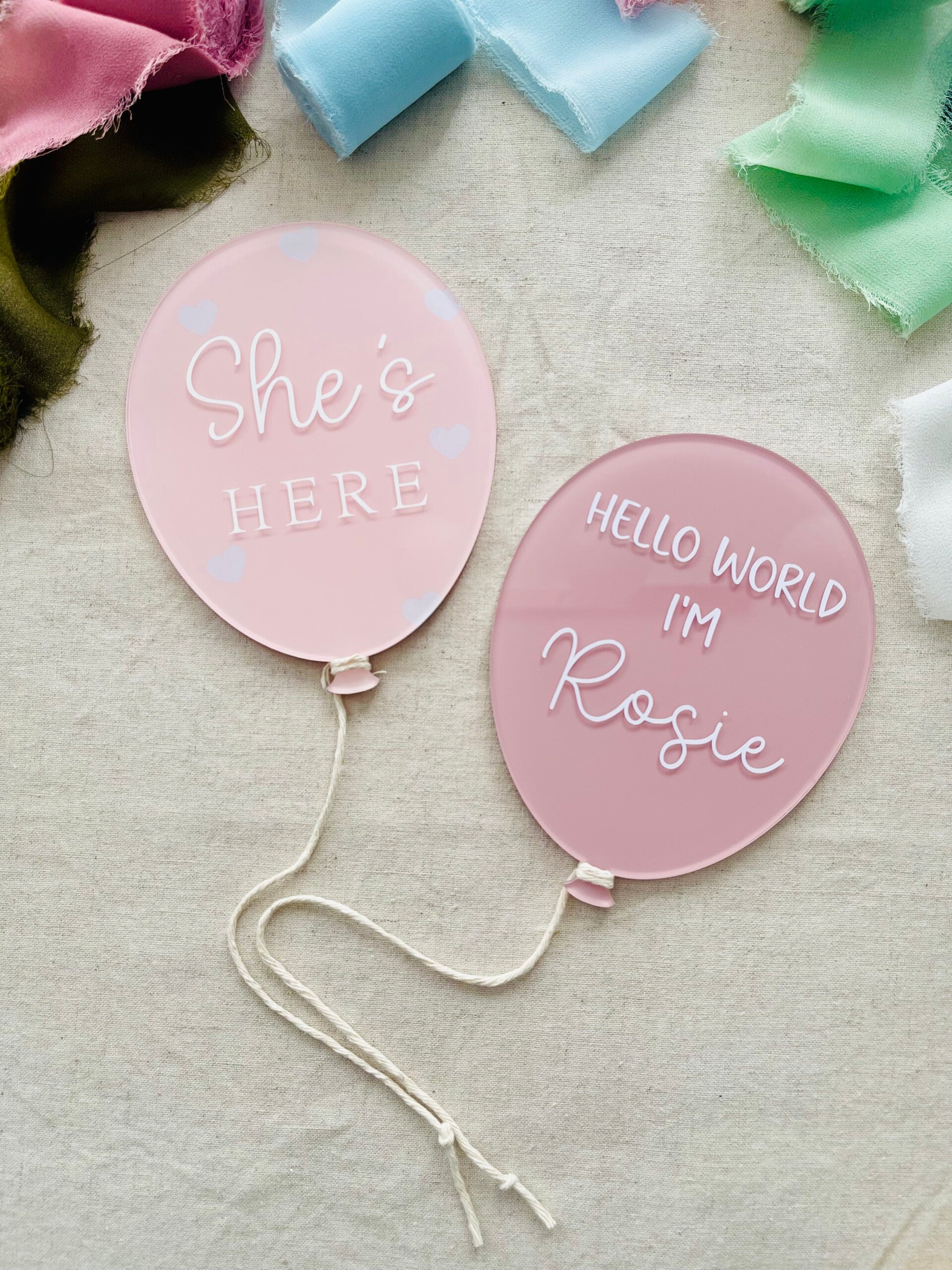 "She's Here" balloon set - baby girl plaques