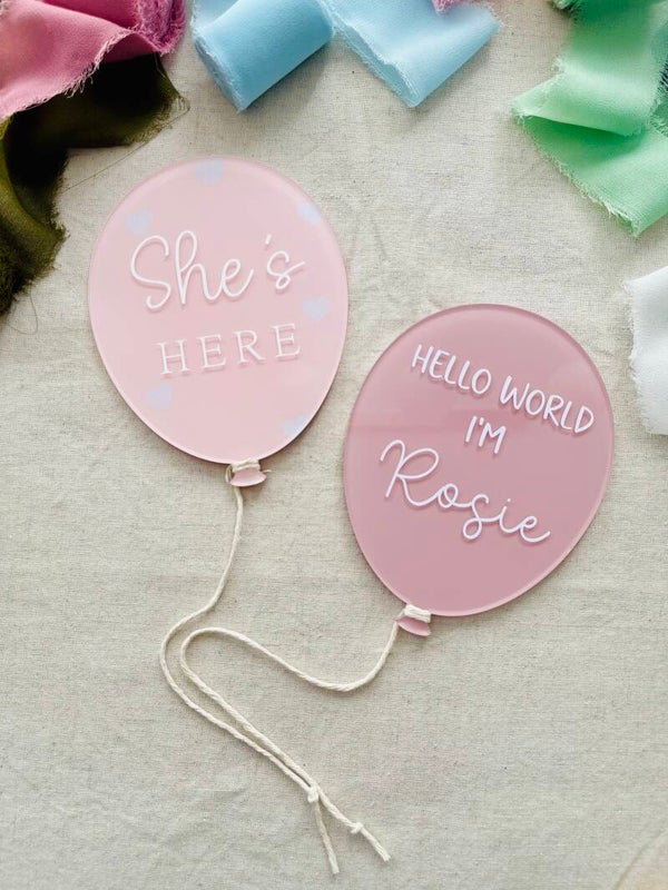 "She's Here" balloon set - baby girl plaques