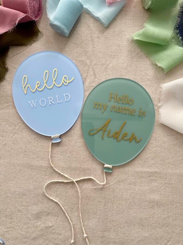 "Hello world" balloon set - baby name plaques