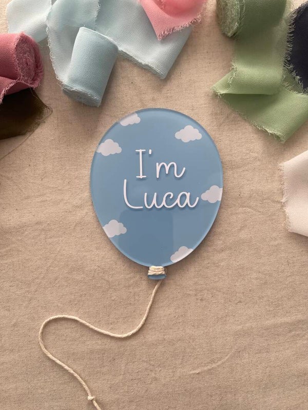 "I'm" baby name balloon plaque with clouds