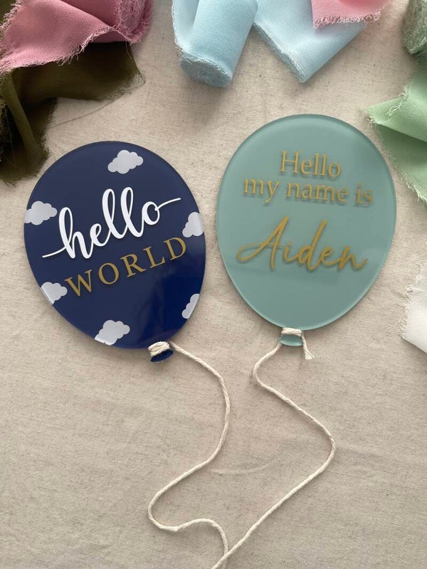 "Hello world" cloud balloon set - baby name plaques