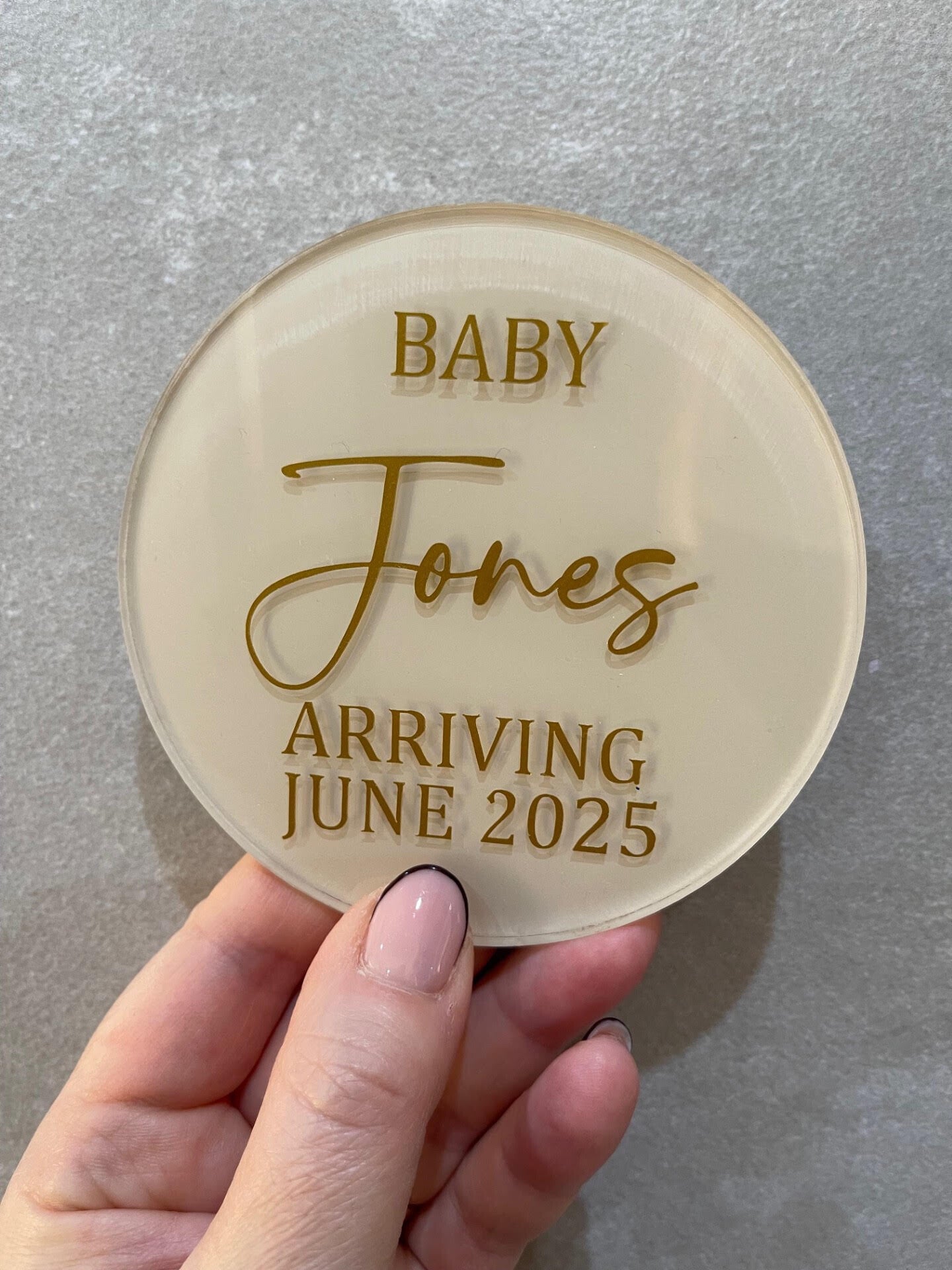 Baby name "arriving" acrylic plaque