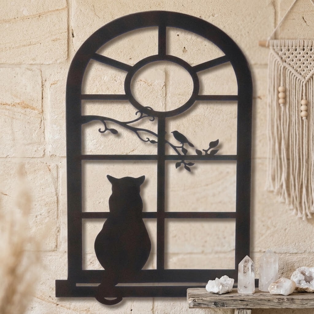 Decoración Pared Gato en la Ventana Metal | Cuadro Mural Boho