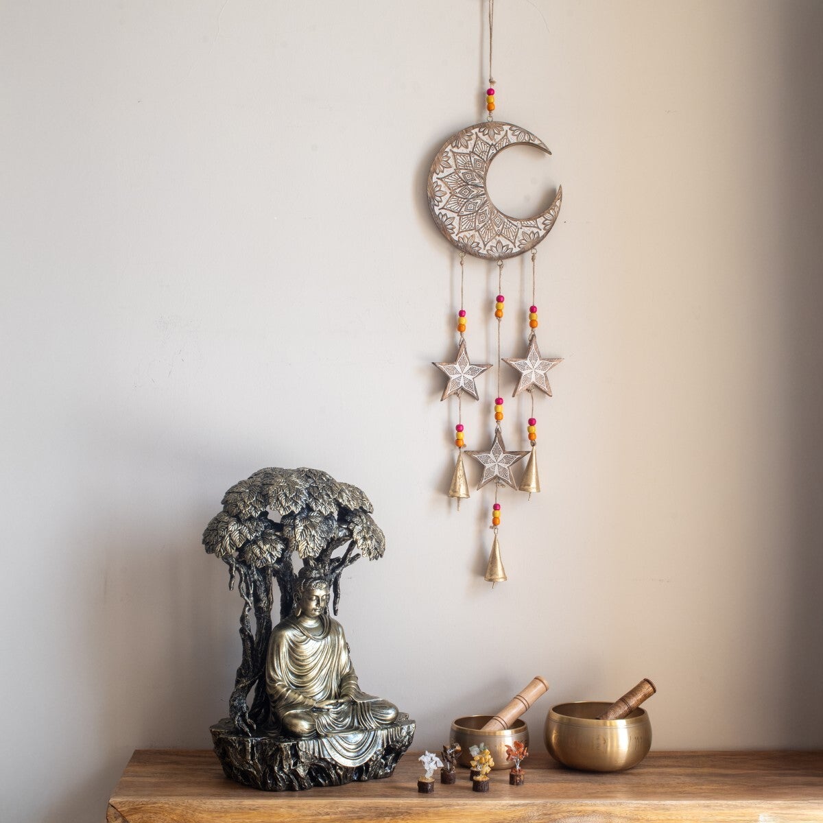 Colgante Luna y Estrellas de Madera Boho | Decó Hippie