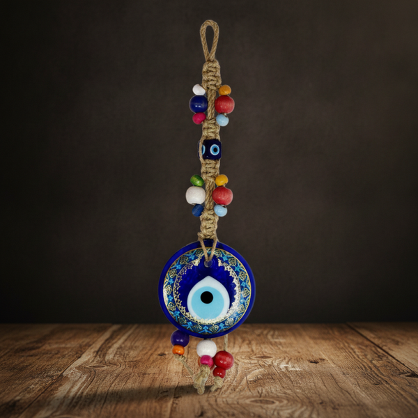 Colgante Ojo Turco Azul con Detalles Dorados | Decoración Artesanal de Estilo Hippie