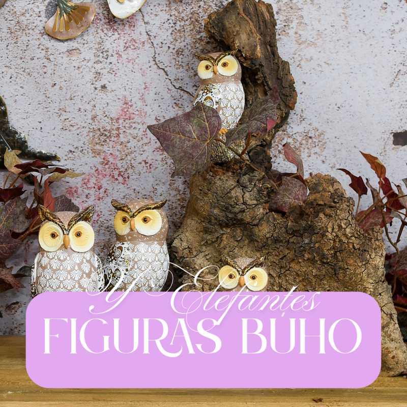Figuras Búho de resina y elefantes de resina