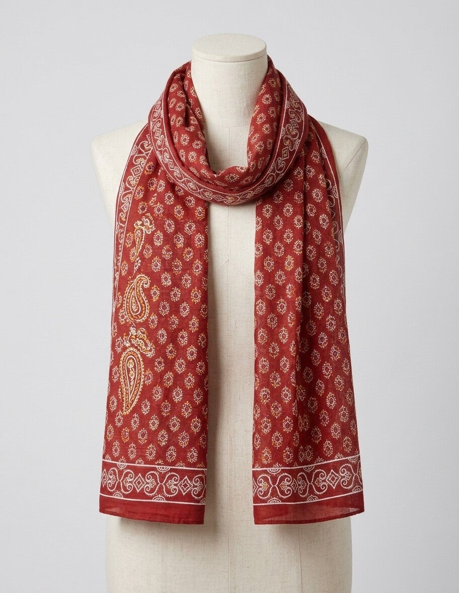 Pareo Bufanda de Algodón Jodhpur | Rojo Terracota y Estampado Block Print