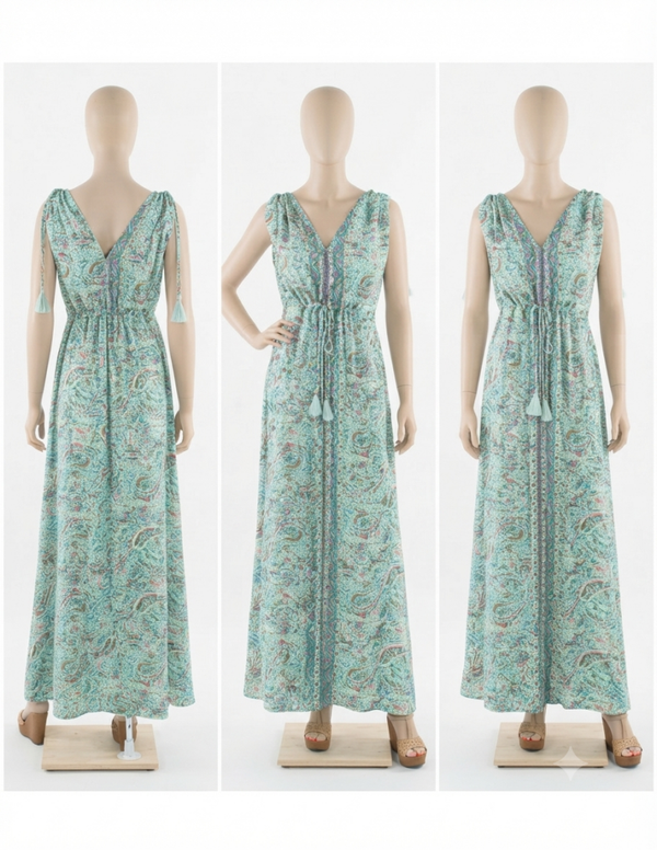 Vestido Largo Playero Boho | Estampado Étnico Turquesa