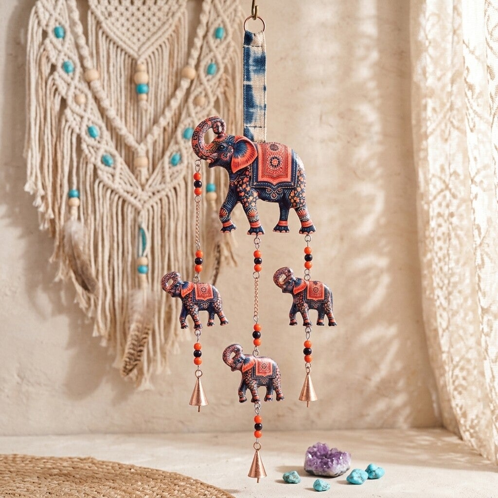 Móvil Colgante Elefantes con Cascabeles | Decoración Étnica Boho