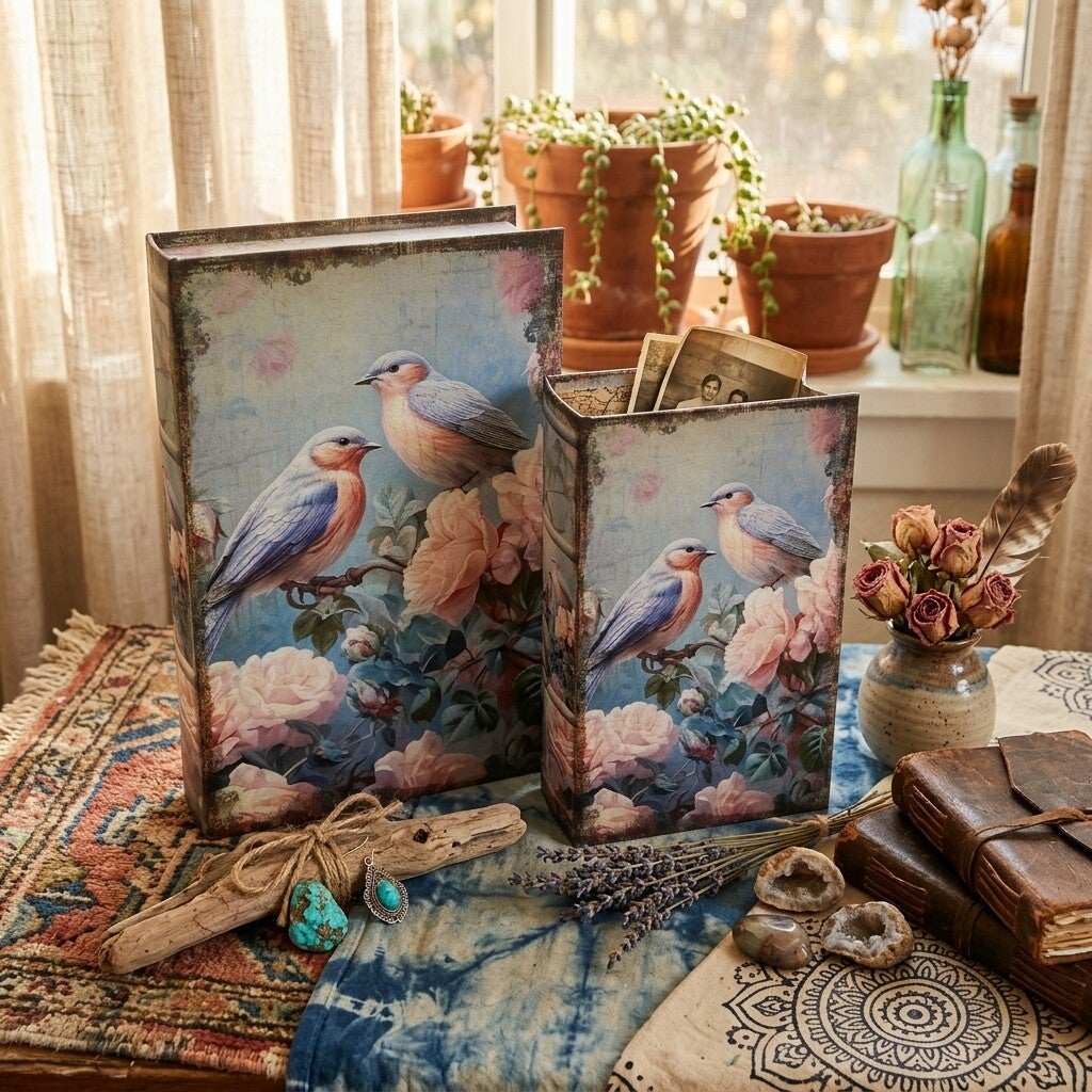Cajas Libro Pájaros y Rosas Vintage | Decoración Boho Chic
