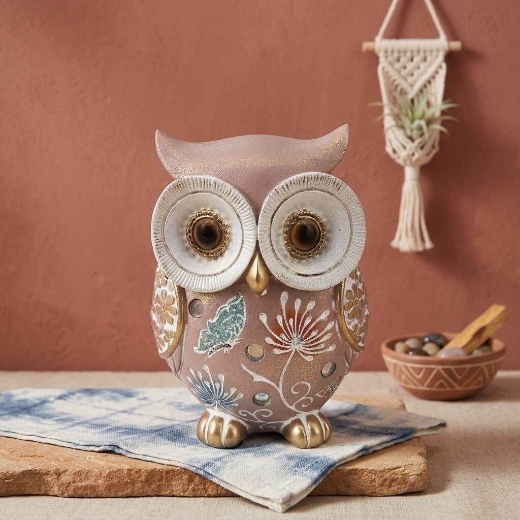 Figura Búho Pequeño Rosado y Dorado | Decoración Mística Boho