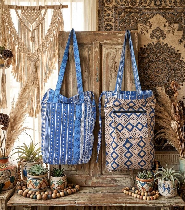 Bolso Tote Reversible Boho | Estampado Azul y Arena
