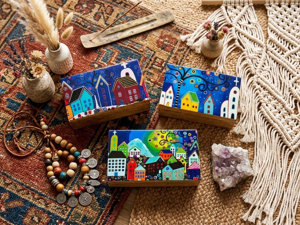 Caja de Madera y Resina Ilustrada Casitas | Boho Chic