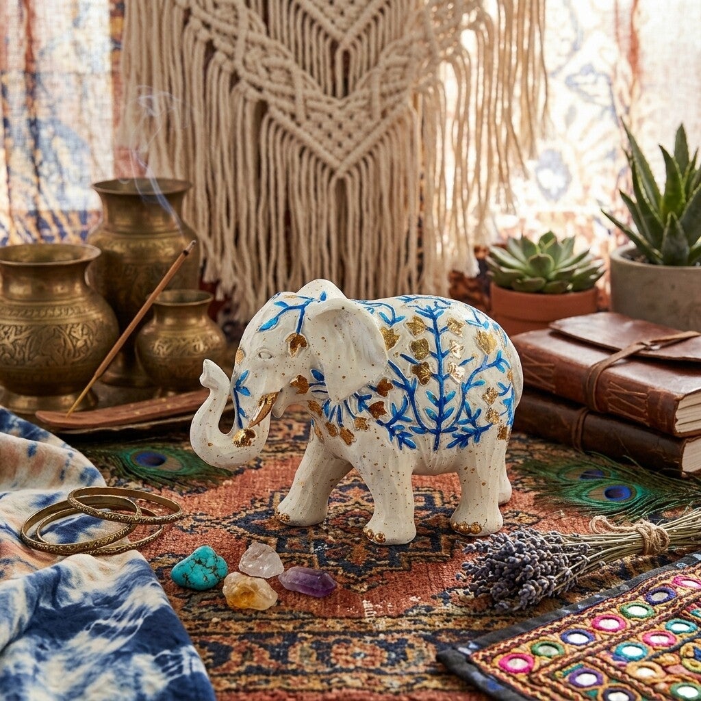 Figura Elefante Blanco y Dorado | Decoración Boho Chic de Suerte