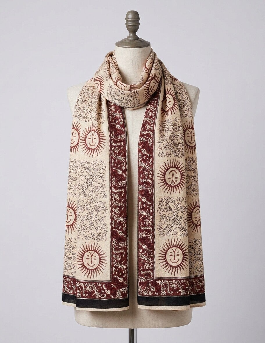 Pareo Bufanda de Algodón Agra | Estampado Soles Místicos y Block Print