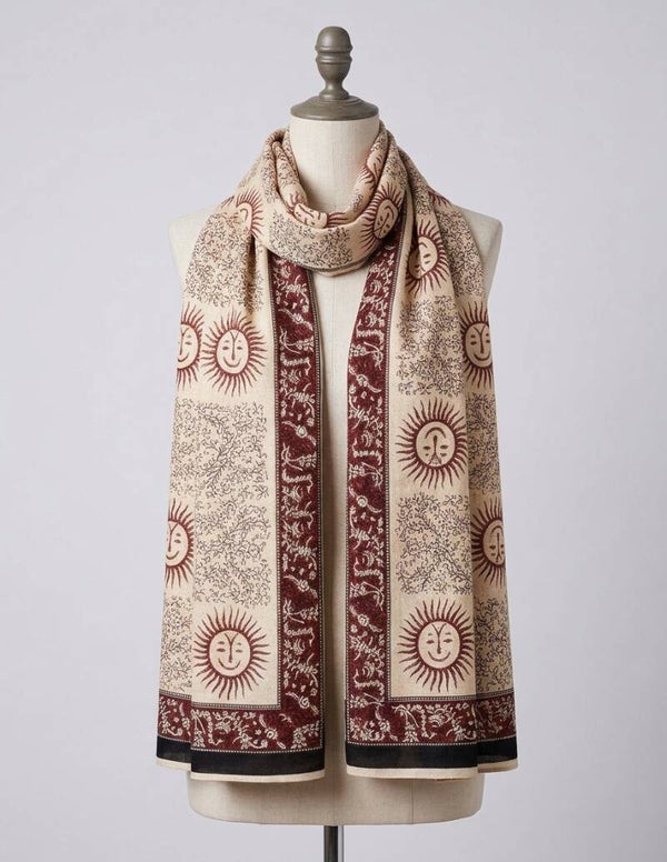 Pareo Bufanda de Algodón Agra | Estampado Soles Místicos y Block Print
