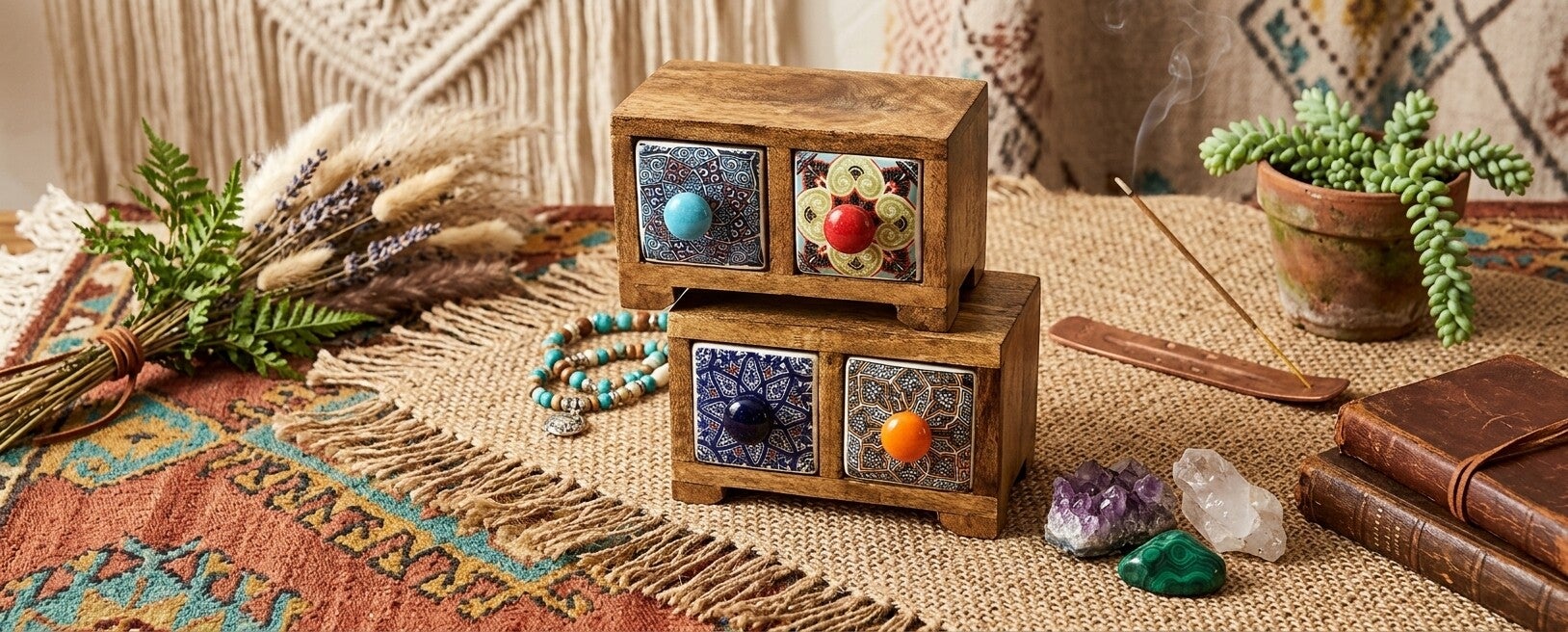 Mini Mueble de Madera 2 Cajones Cerámica Marroquí | Boho Chic