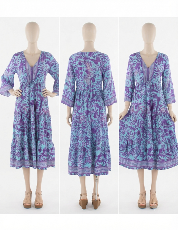 Vestido Midi Boho Manga Manga 3/4 Violeta y Azul | Hippie