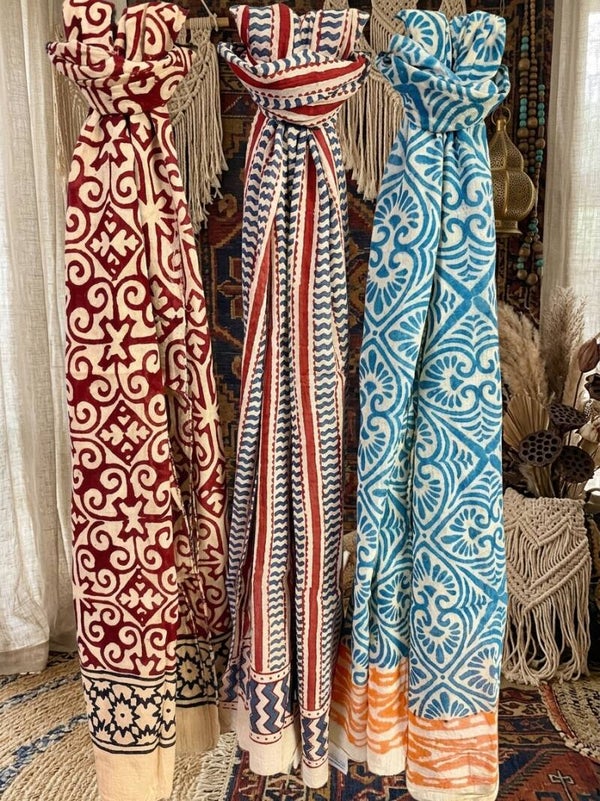 Fular Pareo Boho de Algodón | Estampado de Bloque Artesanal