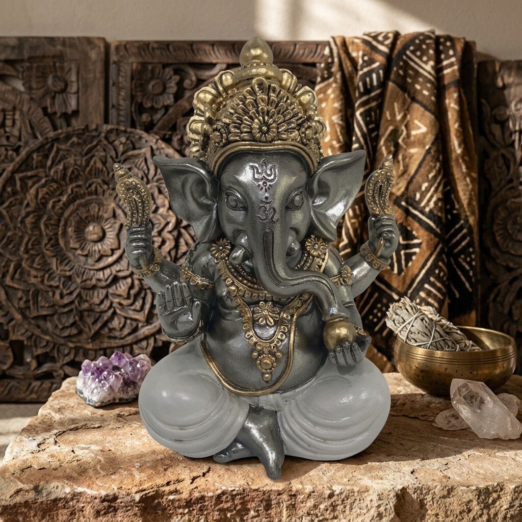 Figura Ganesha Plata y Dorado | Estatua Hindú Decorativa Boho