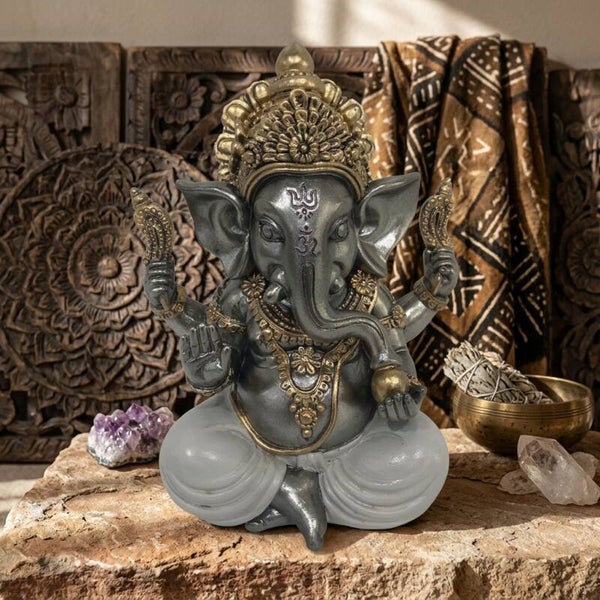 Figura Ganesha Plata y Dorado | Estatua Hindú Decorativa Boho