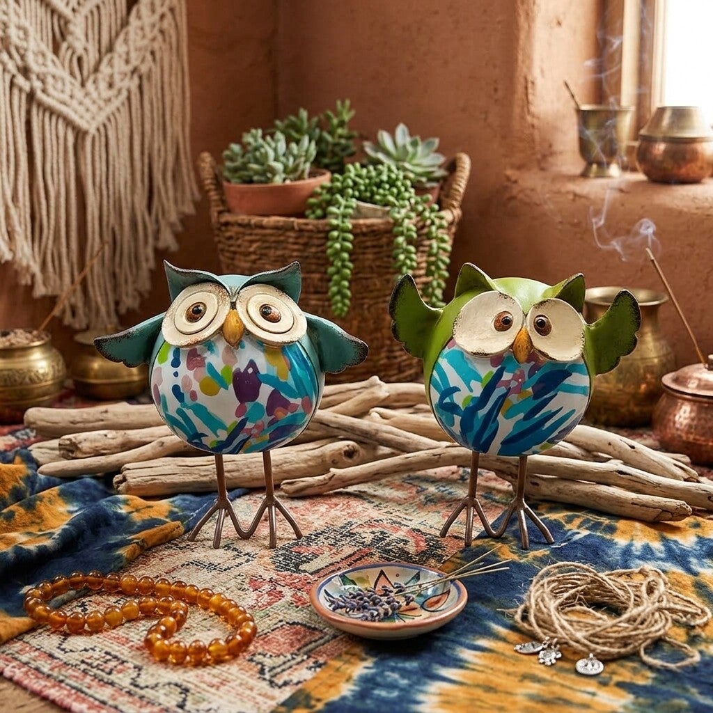 Búhos Decorativos Coloridos | Figuras Boho Chic de Resina
