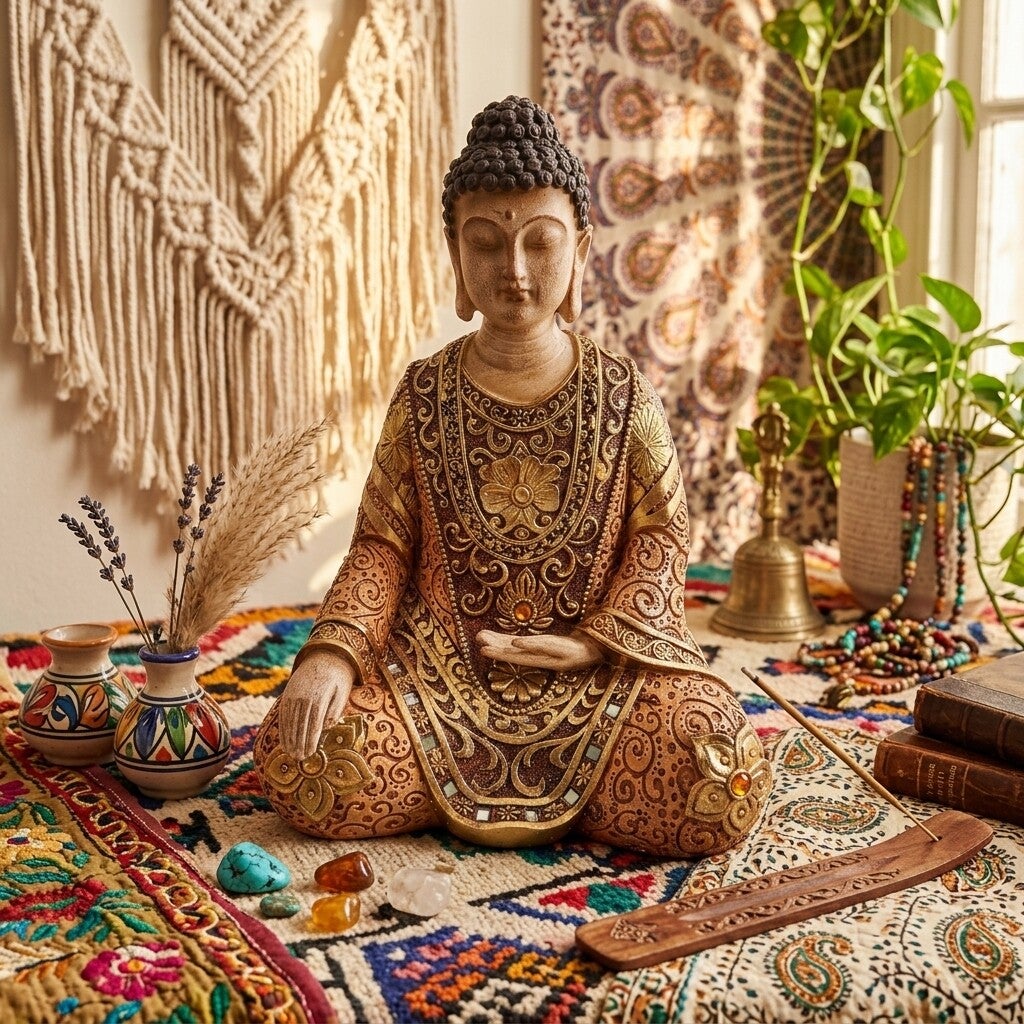Figura Buda Meditando Dorado y Terracota | Decoración Boho Chic